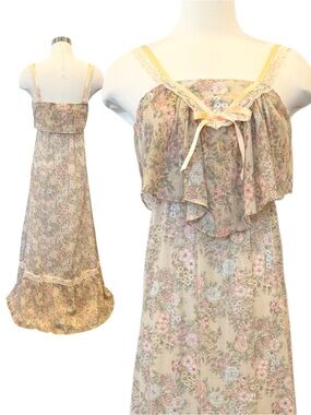 Vintage Wild Honey 70s Prairie Peasant Pastel Floral Print Boho Maxi Gown Dress
